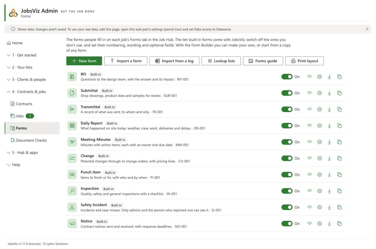 Admin Forms, with the ten built-in forms with New form, Import from a log, Lookup lists and the Forms guide
