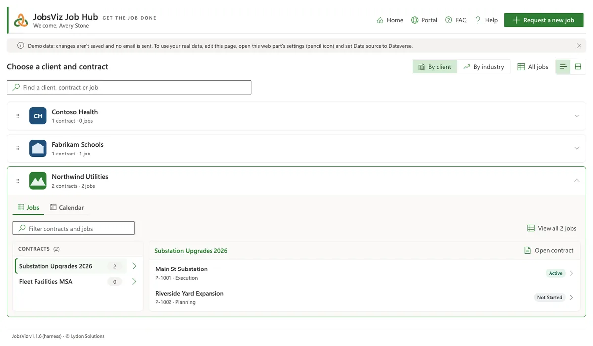 The JobsViz Job Hub, with clients and a client's contracts and jobs side by side