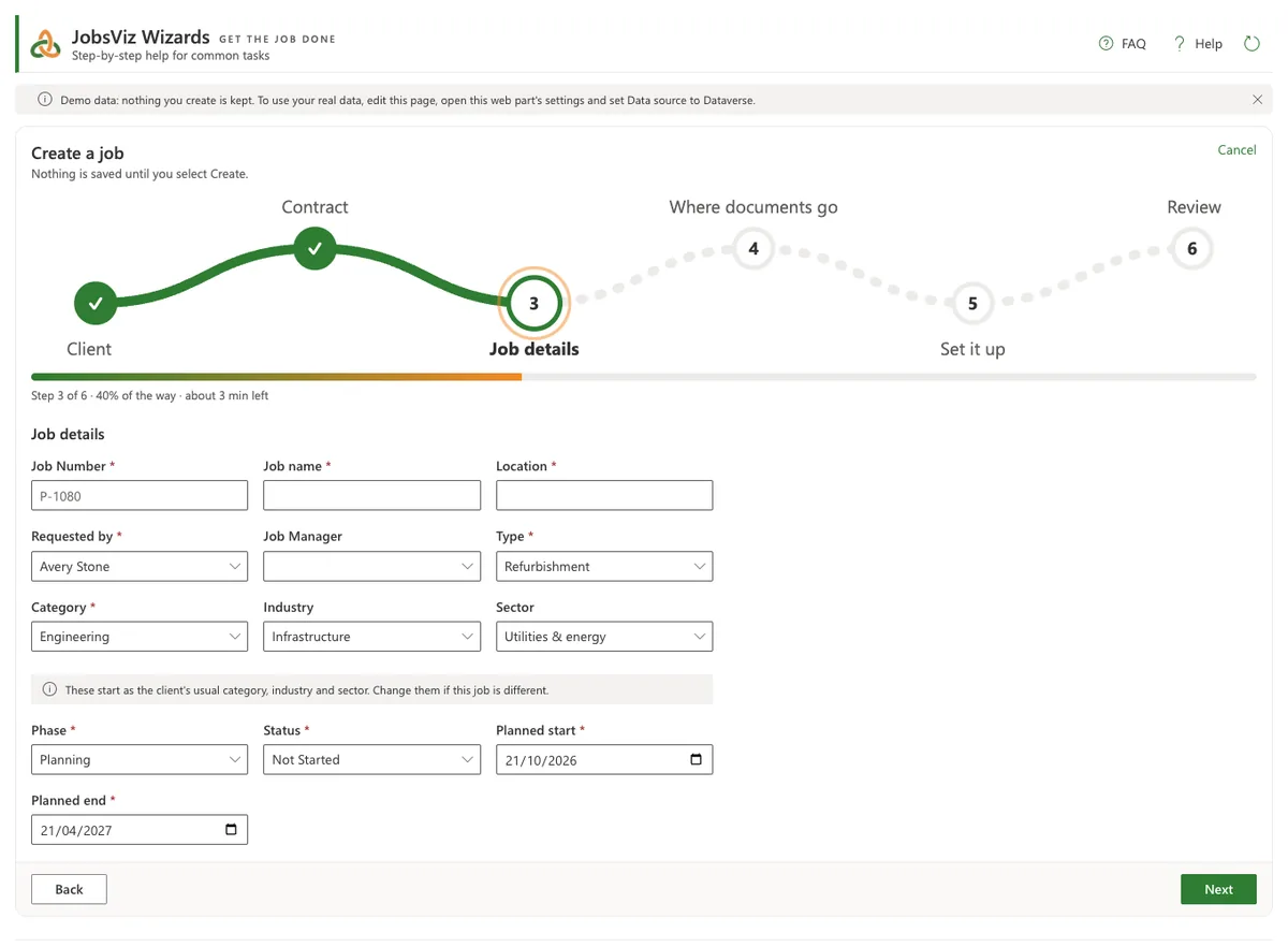 The Create a job wizard with its journey map